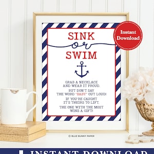 Sink or Swim Printable Sign. Nautical Baby Shower Game. Don&#39;t Say Baby Game. Navy and Red Grab a Necklace Sign INSTANT DOWNLOAD. NAU1