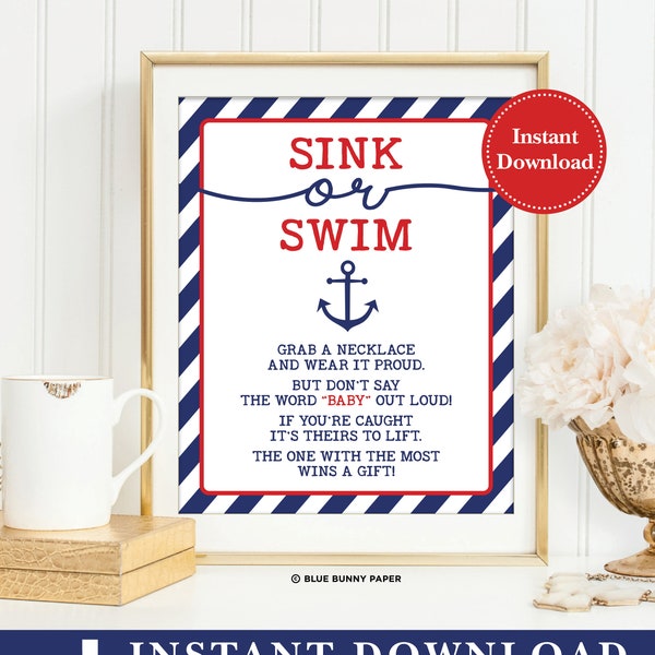 Sink or Swim Printable Sign. Nautical Baby Shower Game. Don't Say Baby Game. Navy and Red Grab a Necklace Sign INSTANT DOWNLOAD. NAU1