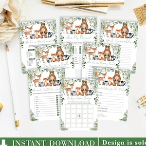 Greenery Woodland Baby Shower GAMES PACKAGE. 8x Forest Animals Printable Games. Rustic Botanical Instant Download. WOOD24
