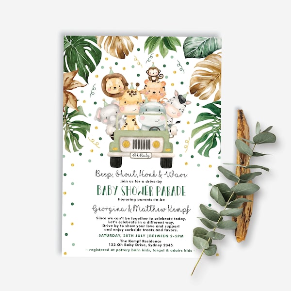 Editable Jungle Drive By Baby Shower Invitation. Safari Animals Drive Through Parade. Quarantine Party Template. Instant Download. SAF3