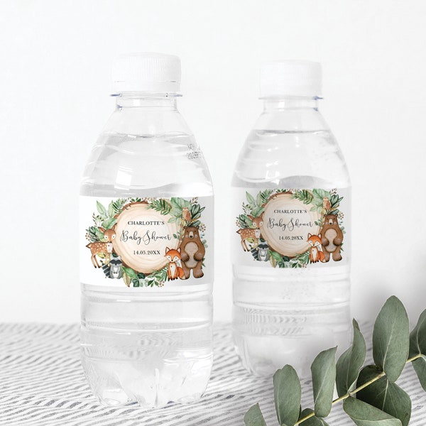 EDITABLE Woodland Water Bottle Labels. Greenery Forest Animals Baby Shower Favors. Wild One 1st Birthday Decorations. WOOD24