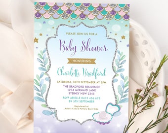 Mermaid Baby Shower Invitation. Under the Sea Pool Party Invite. Beach Baby Girl Printable Invite Editable Template INSTANT DOWNLOAD. MER4