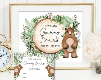 Gummy Bear Baby Shower Game. Rustic Greenery Woodland Bear Printable Sign. INSTANT DOWNLOAD. WOOD24