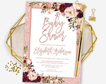 Floral Rose Gold Baby Shower Invitation. Burgundy Blush Bridal Shower Template. EDITABLE Corjl Download. FLO37