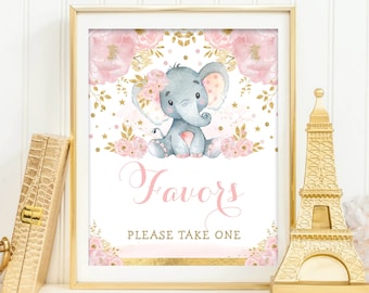 Girl Elephant Favors Sign. Blush Floral Jungle Baby Shower Decoration. Wild One Birthday Printable Sign. Pink and Gold INSTANT DOWNLOAD. EL6