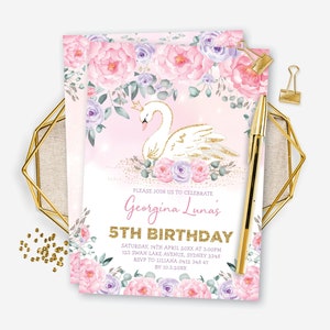 Editable Swan Princess Birthday Invitation. Pink Purple Gold Floral Invitation Printable Invite. Instant Download Template. SWAN3