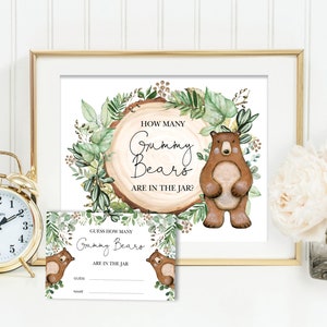 Gummy Bear Baby Shower Game. Rustic Greenery Woodland Bear Printable Sign. INSTANT DOWNLOAD. WOOD24 image 1