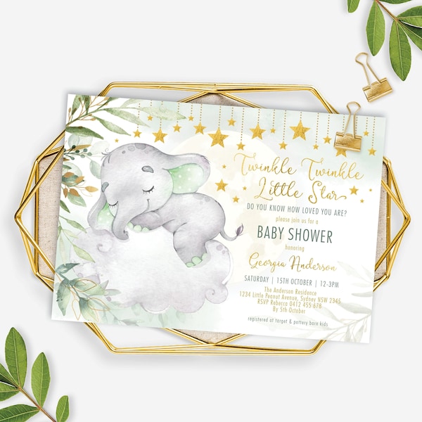 Elephant Twinkle Twinkle Little Star Baby Shower Invitation. Greenery Moon and Stars Printable Invite. Green and Gold EDITABLE TEMPLATE EL15