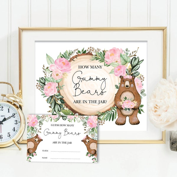 Gummy Bear Baby Shower Game. Pink Floral Woodland Bear Printable Sign. Rustic Forest Greenery Baby Girl INSTANT DOWNLOAD. WOOD25
