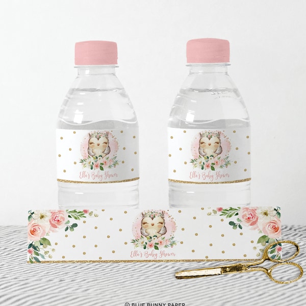 Owl Water Bottle Label Template, Blush Pink Floral Baby Shower, Pink Gold Owl Girl Birthday Favors, EDITABLE, Instant Download, OWL1