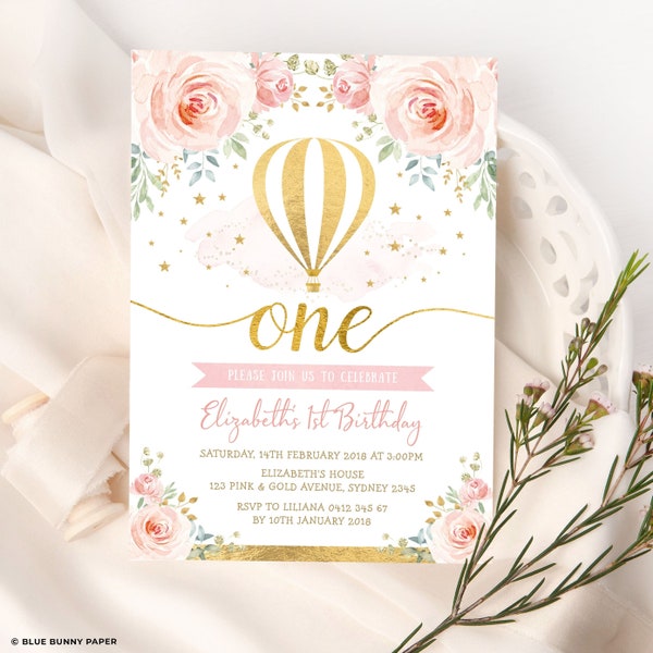 Blush Gold Floral Hot Air Balloon 1st Birthday EDITABLE Invitation, Adventure Watercolor Roses Party Invite Printable INSTANT DOWNLOAD, HAB5