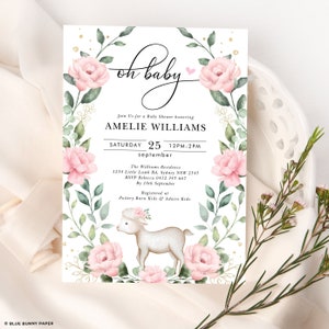 Pink Lamb Baby Shower Invitation, Girl Sheep Baby Shower Invites, Eucalyptus Floral Wreath EDITABLE TEMPLATE Instant Download, GR8