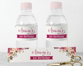 Editable Floral Water Bottle Label Template, Boho 1st Birthday Favors, Rustic Flower Baby Shower Decorations Garden Party Download, FLO7