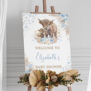 Boy Holy Cow Baby Shower Welcome Sign, Boho Highland Cow Party Sign, Dusty Blue Floral Pampas EDITABLE TEMPLATE Instant Download, CW3