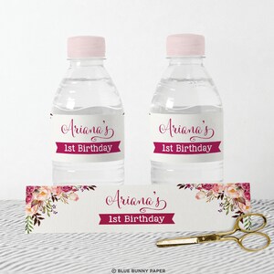 Editable Floral Water Bottle Label Template, Boho 1st Birthday Favors, Rustic Flower Baby Shower Decorations Garden Party Download, FLO7 image 1