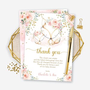 Carte de remerciement modifiable Girl Fox. Shower de bébé renard floral rose fard à joues. Modèle imprimable de forêt boisée. TÉLÉCHARGEMENT INSTANTANÉ. FOX4