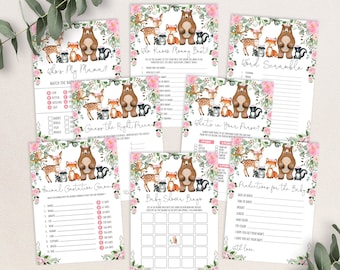 Pink Floral Woodland Baby Shower GAMES BUNDLE. Forest Animals Printable Games Package. Baby Girl Instant Download. WOOD25