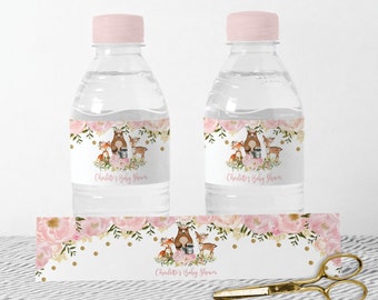 Girl Woodland Water Bottle Label, Forest Animals Baby Shower Favors, Pink Gold Floral Birthday Party Printable EDITABLE TEMPLATE, FLO18G
