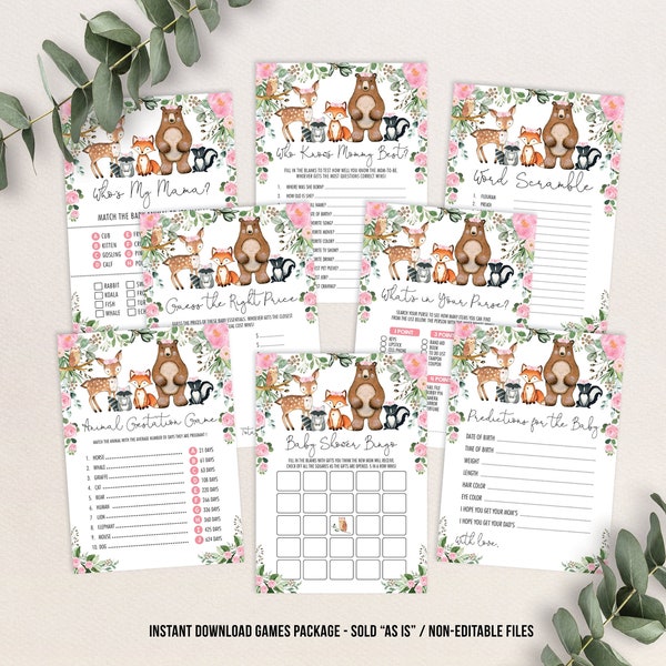 Pink Floral Woodland Baby Shower GAMES BUNDLE. Forest Animals Printable Games Package. Baby Girl Instant Download. WOOD25