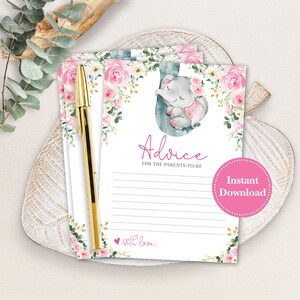 Mädchen Elefant Karte für ELTERN, MAMA, MAMA. Rosa Gold FloralEs Baby Shower Spiel. Wishes Advice Druckbare Instant Download. EL10