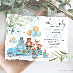 Editable Woodland Baby Shower Invitation Template. Blue and Gold Greenery Forest Animals Printable Invite. Instant Download. DB4