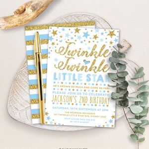 May include: Blue and gold birthday invitation with a glitter background and stars. The invitation says "Twinkle Twinkle Little Star" and "Jackson's 2nd Birthday".