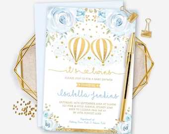 Twin Hot Air Balloon Baby Shower Invitation. Twin Boys Adventure Printable Invite. Blue Gold Floral EDITABLE TEMPLATE DOWNLOAD. HAB7