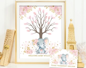 EDITABLE Girl Elephant Thumbprint Guestbook. Blush Pink Gold Jungle Fingerprint Tree Printable. Little Peanut Welcome Baby Sign Template EL6