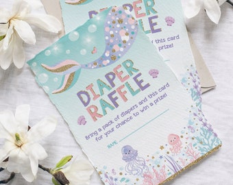 Mermaid Baby Shower Diaper Raffle, Pink Mint Gold Diaper Insert Card, Under the Ocean Sea Confetti Glitter Pool Invitation Insert, MER6