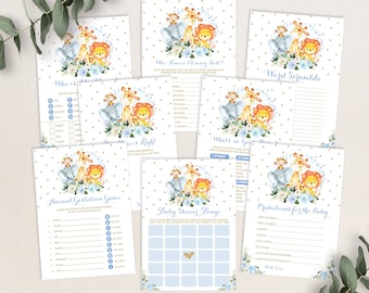 Blue Floral Safari Baby Shower GAMES BUNDLE. 8x Wild Jungle Animals Printable Games. Blue and Gold Instant Download. JUN10