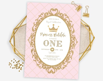 PRINCESS First 1st Birthday Invitation Pink and Gold Party Invite Glitter Gold Princess Crown Royal Baby Girl Shower EDITABLE TEMPLATE PG2
