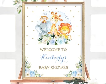 Blue Floral Safari Baby Shower Welcome Sign.Jungle Wild Animals Shower Decoration Printable EDITABLE TEMPLATE Download. JUN10