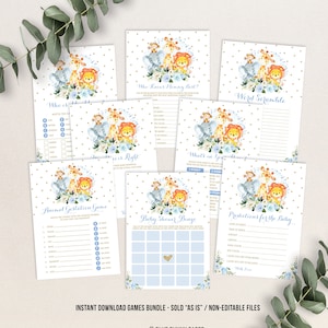 Blue Floral Safari Baby Shower GAMES BUNDLE. 8x Wild Jungle Animals Printable Games. Blue and Gold Instant Download. JUN10 image 1