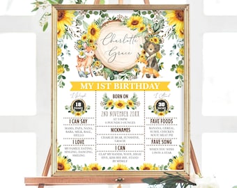 May include: A framed "My 1st Birthday" sign with a sunflower and woodland animal theme. The sign includes the name "Charlotte Grace", weight 18 pounds, height 30 inches, birthdate, nicknames, favorite foods, and favorite song.