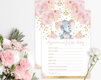 Elephant Predictions for Baby Printable. Blush Gold Girl Baby Shower Game. Pink Floral Prediction Card. INSTANT DOWNLOAD. EL6