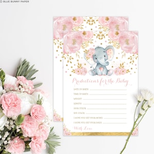 Predicciones de Elefantes para Bebé Imprimibles. Juego de baby shower para niña color oro rubor. Tarjeta de predicción floral rosa. DESCARGA INSTANTÁNEA. EL6