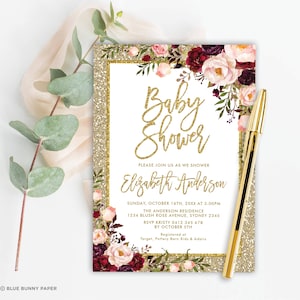 Glam Baby Shower Invitation. Burgundy Pink Floral Gold Glitter Printable Invite. Sparkly Faux Gold Watercolor Roses Editable Template. FLO33