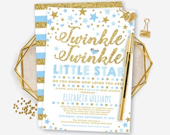 Boy Drive By Baby Shower Invitation. Twinkle Twinkle Little Star Drive Thru Parade. Blue and Gold EDITABLE Invite Template Download. TT3