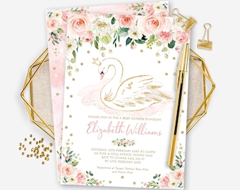 EDITIERBARE Schwan Baby Shower Einladungsvorlage. Blush Gold Floral Swan Princess Baby Girl Printable Invite. SOFORTIGER DOWNLOAD. SCHWAN1