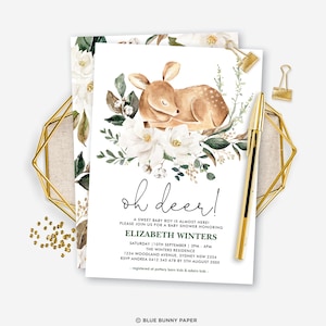 Sweet Deer Baby Shower Invitation Winter Woodland Baby Fawn Printable Invite Elegant White Flowers Gender Neutral EDITABLE TEMPLATE. DEER11