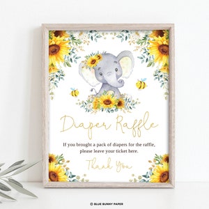 Windel Verlosung Zeichen, Sonnenblume Elefant Baby Dusche druckbare, Sommer Blumen Party Dekorationen, kleine Erdnuss Dschungel sofortiger Download, SUN5
