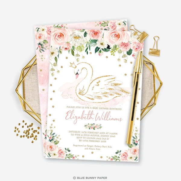 EDITABLE Swan Baby Shower Invitation Template. Blush Gold Floral Swan Princess Baby Girl Printable Invite. INSTANT DOWNLOAD. SWAN1