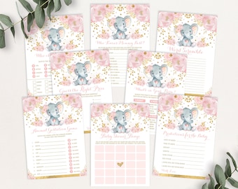 Girl Elephant Baby Shower GAMES BUNDLE. 8x Blush Gold Jungle Printable Games. Pink Floral Little Peanut Instant Download. EL6