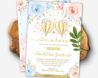 Plantilla de invitación para baby shower de gemelos en globo aerostático. Invitación imprimible con chispas de bebé de aventura en oro rosa y azul. DESCARGA INSTANTÁNEA. HAB8