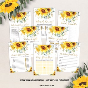 Sunflower Baby Shower GAMES BUNDLE. 8x Boho Summer Flowers Printable Games. Yellow Floral Gender Neutral Instant Download. SUN4