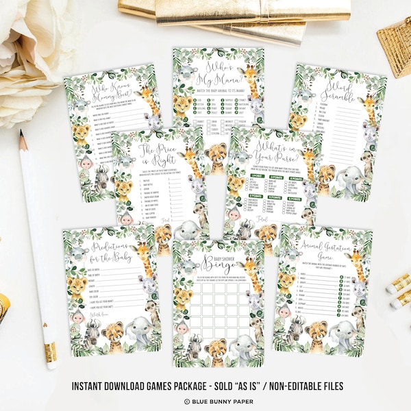 Rustic Safari Baby Shower Games Bundle. Greenery Jungle Animals Baby Shower Games Printable. INSTANT DOWNLOAD. JUN13