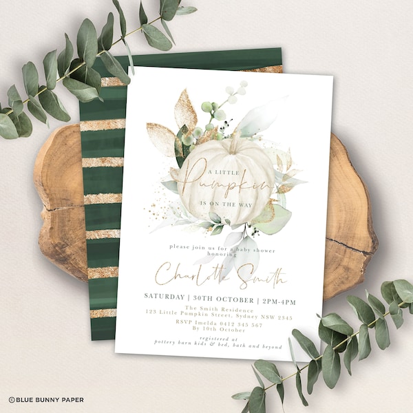 Greenery Gold Pumpkin Baby Shower Invitation, Elegant Fall Gender Neutral Baby Shower Invite, Autumn Printable EDITABLE TEMPLATE, PUM4