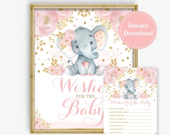 Wishes for Baby. Girl Elephant Baby Shower. Blush Gold Well Wishes Card and Sign. Watercolor Floral INSTANT DOWNLOAD. EL6