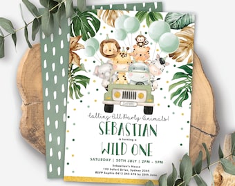 Safari Birthday Invitation. Wild One Party Animals Printable Invite. Tropical Greenery EDITABLE TEMPLATE Instant Download. SAF3