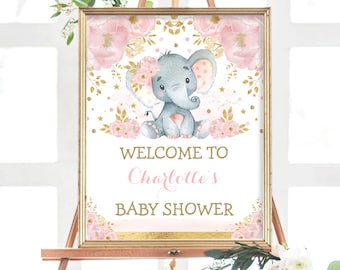 Editable Girl Elephant Welcome Sign Blush Floral Elephant Baby Shower Decorations Pink Gold Wild One Birthday Decor Template Download. EL6